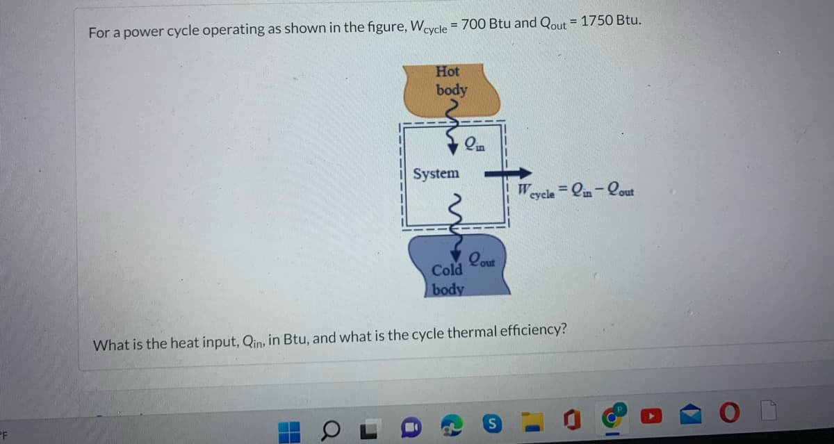 PF
For a power cycle operating as shown in the figure, Wcycle = 700 Btu and Qout = 1750 Btu.
Hot
body
▬
System
in
Cold
body
in
Lout
W
cycle = in-out
What is the heat input, Qin, in Btu, and what is the cycle thermal efficiency?