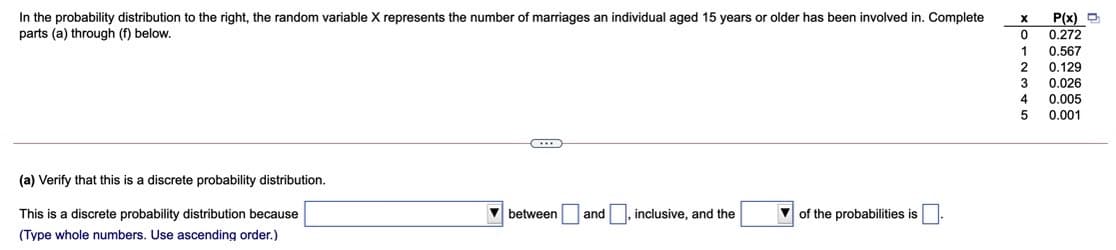 In the probability distribution to the right, the random variable X represents the number of marriages an individual aged 15 years or older has been involved in. Complete
parts (a) through (f) below.
P(x) D
0.272
0.567
2
0.129
3
0.026
4
0.005
0.001
(a) Verify that this is a discrete probability distribution.
This is a discrete probability distribution because
between
and
inclusive, and the
V of the probabilities is
(Type whole numbers. Use ascending order.)
