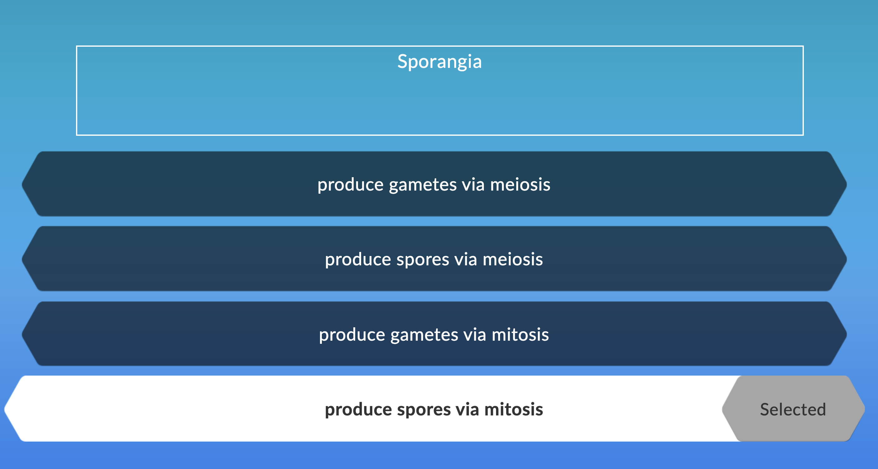 Sporangia
produce gametes via meiosis
produce spores via meiosis
produce gametes via mitosis
Selected
produce spores via mitosis
