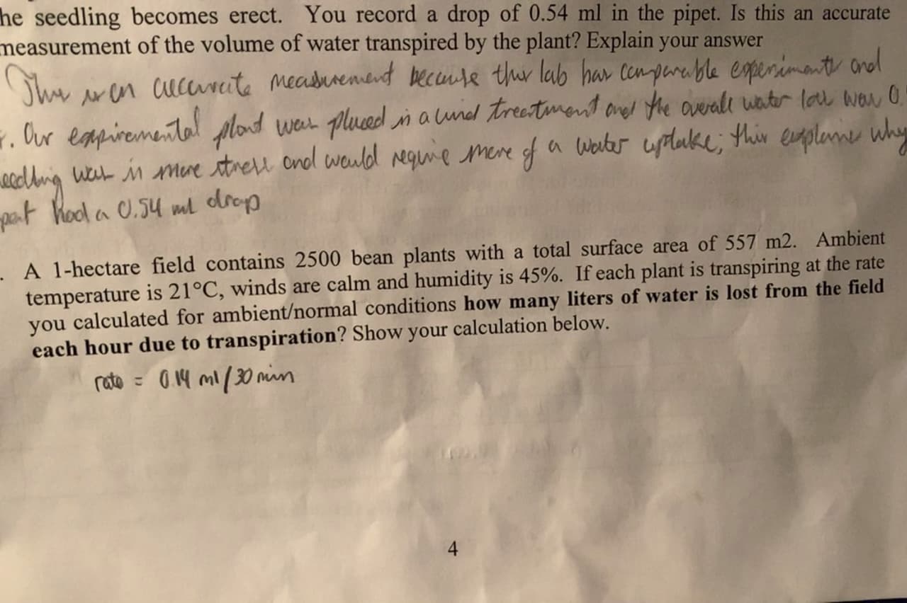 he seedling becomes erect. You record a drop of 0.54 ml in the pipet. Is this an accurate
measurement of the volume of water transpired by the plant? Explain your answer
Shewen cucerite measurement becuse thir lab har Ccmpare ble eperimant and
. Cur empiremental pMond
elhing wet in mue strel onol would eguie mere of a Werter updake; this eapleme why
pat Kod a 0.54 ml drop
wear pluced in a und treatimant are the overale water lou wou 0
- A 1-hectare field contains 2500 bean plants with a total surface area of 557 m2. Ambient
temperature is 21°C, winds are calm and humidity is 45%. If each plant is transpiring at the rate
you calculated for ambient/normal conditions how many liters of water is lost from the field
each hour due to transpiration? Show your calculation below.
rate = 014 mi /30 min
