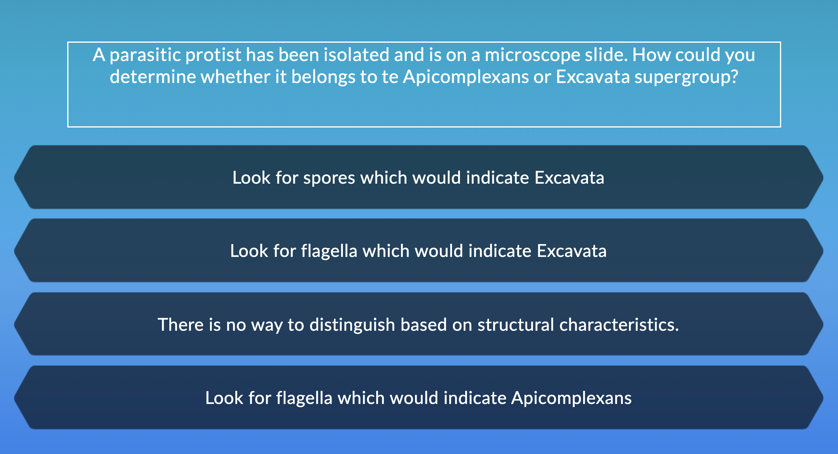 A parasitic protist has been isolated and is on a microscope slide. How could you
determine whether it belongs to te Apicomplexans or Excavata supergroup?
Look for spores which would indicate Excavata
Look for flagella which would indicate Excavata
There is no way to distinguish based on structural characteristics.
Look for flagella which would indicate Apicomplexans
