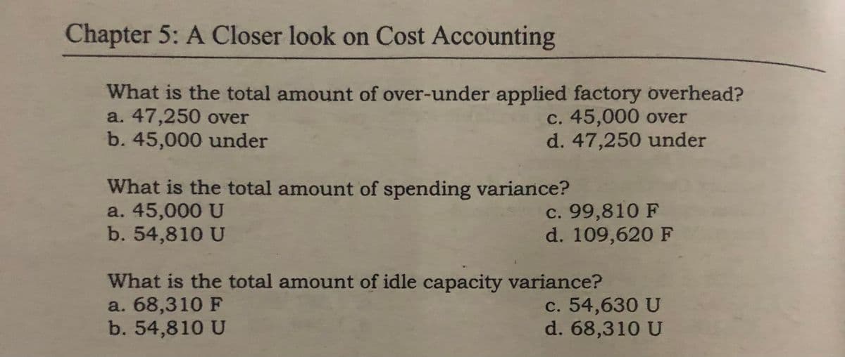 Chapter 5: A Closer look on Cost Accounting
What is the total amount of over-under applied factory overhead?
a. 47,250 over
c. 45,000 over
b. 45,000 under
d. 47,250 under
What is the total amount of spending variance?
a. 45,000 U
b. 54,810 U
c. 99,810 F
d. 109,620 F
What is the total amount of idle capacity variance?
a. 68,310 F
b. 54,810 U
c. 54,630 U
d. 68,310 U