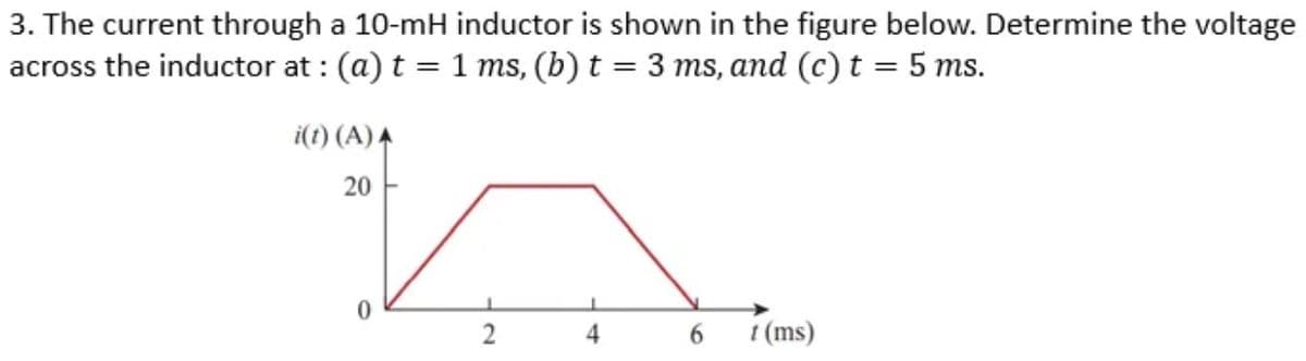 3. The current through a 10-mH inductor is shown in the figure below. Determine the voltage
across the inductor at : (a) t = 1 ms, (b) t = 3 ms, and (c) t = 5 ms.
i(t) (A) A
20
4
6.
1 (ms)
