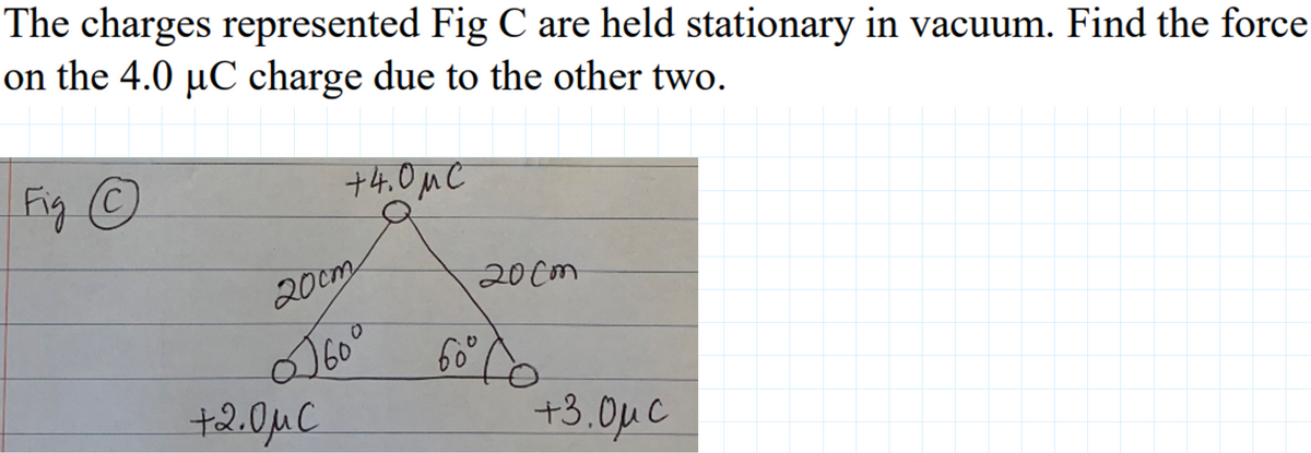 The charges represented Fig C are held stationary in vacuum. Find the force
on the 4.0 µC charge due to the other two.
Fig (C
+4.0MC
20cm
20cm
J60°
+2.0MC
+3.0pc
