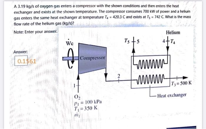 A 3.19 kg/s of oxygen gas enters a compressor with the shown conditions and then enters the heat
exchanger and exists at the shown temperature. The compressor consumes 700 kW of power and a helium
gas enters the same heat exchanger at temperature T4 = 420.3 C and exists at T5 = 742 C. What is the mass
flow rate of the helium gas (kg/s)?
Note: Enter your answer.
Helium
We
tr.
T5
Answer:
0.1561
Compressor
wwww
wwww
|T;= 500 K
- Heat exchanger
P= 100 kPa
T = 350 K
