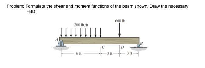 Problem: Formulate the shear and moment functions of the beam shown. Draw the necessary
FBD.
600 Ib
mfim
200 Ib/ft
6 ft
- 3 ft 3 ft
