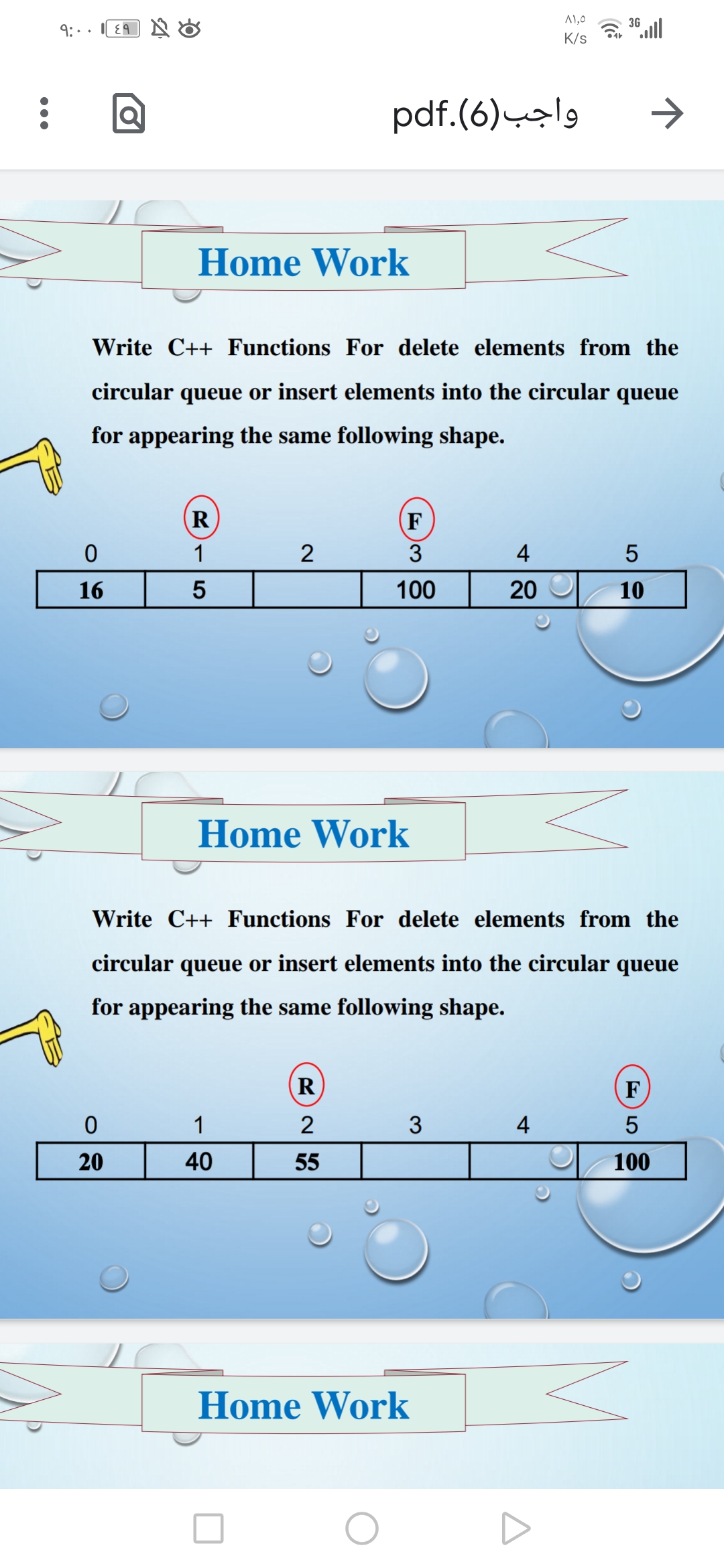 A1,0
9:.. I E9
36 ull
K/s
pdf.(6)-sl9
Home Work
Write C++ Functions For delete elements from the
circular queue or insert elements into the circular queue
for appearing the same following shape.
(R
F
1
2
3
4
16
100
20
10
Home Work
Write C++ Functions For delete elements from the
circular queue or insert elements into the circular queue
for appearing the same following shape.
R
F
1
2
3
4
20
40
55
100
Home Work
