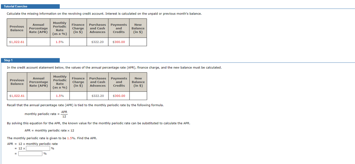 Tutorial Exercise
Calculate the missing information on the revolving credit account. Interest is calculated on the unpaid or previous month's balance.
Monthly
Periodic
Annual
Finance
Purchases
Payments
and
Credits
New
Balance
Previous
Percentage
Rate (APR)
Charge
(in $)
and Cash
Balance
Rate
Advances
(in $)
(as a %)
$1,022.61
1.5%
$322.20
$300.00
Step 1
In the credit account statement below, the values of the annual percentage rate (APR), finance charge, and the new balance must be calculated.
Monthly
Periodic
Purchases Payments
and Cash
Advances
Annual
Finance
New
Balance
Previous
Percentage
Rate (APR)
Charge
(in $)
and
Credits
Balance
Rate
(as a %)
(in $)
$1,022.61
1.5%
$322.20
$300.00
Recall that the annual percentage rate (APR) is tied to the monthly periodic rate by the following formula.
APR
monthly periodic rate =
12
By solving this equation for the APR, the known value for the monthly periodic rate can be substituted to calculate the APR.
APR = monthly periodic rate x 12
The monthly periodic rate is given to be 1.5%. Find the APR.
APR = 12 x monthly periodic rate
%
= 12 x
%
