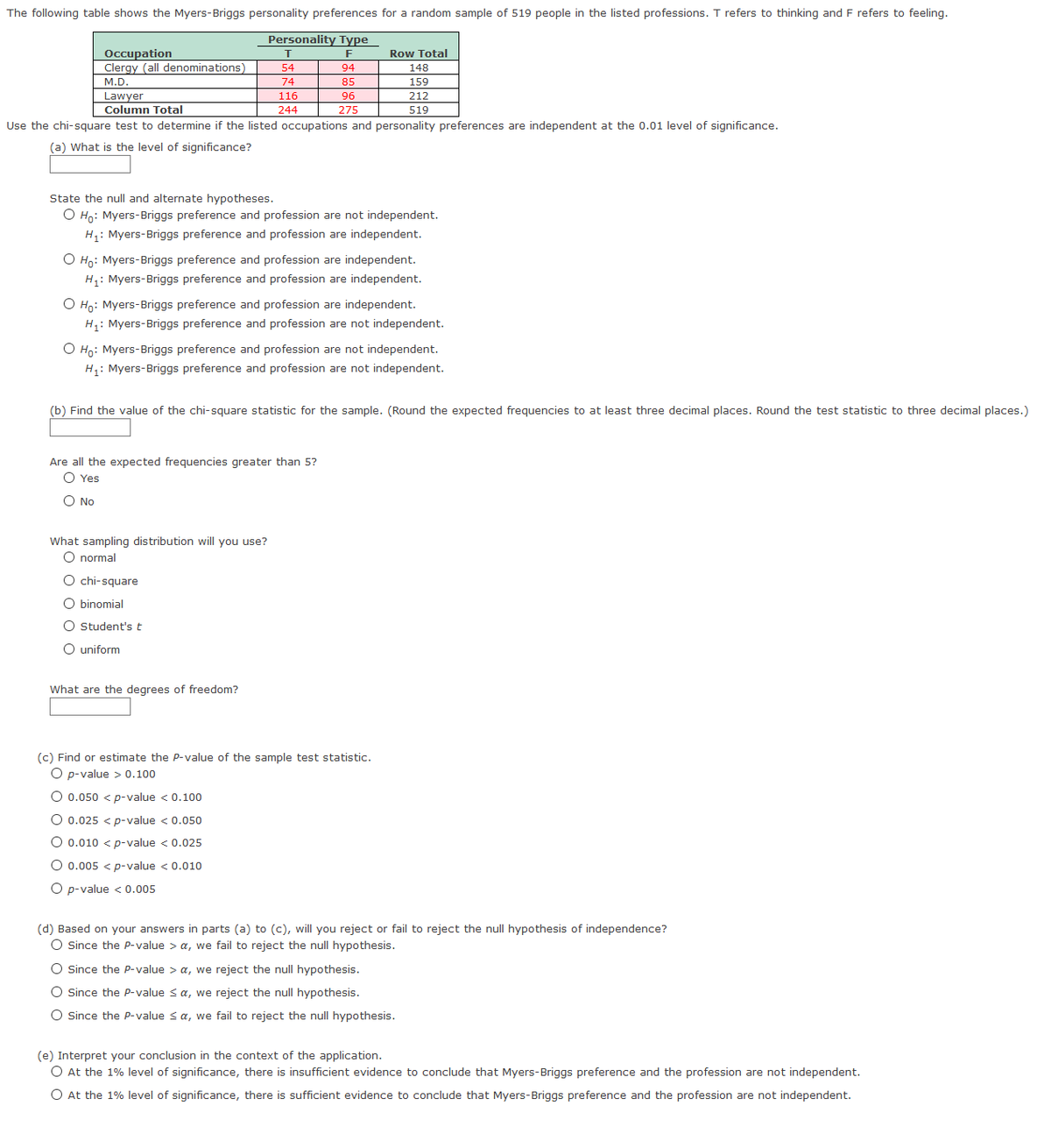 The following table shows the Myers-Briggs personality preferences for a random sample of 519 people in the listed professions. T refers to thinking and F refers to feeling.
Personality Type
Occupation
Clergy (all denominations)
F
Row Total
54
94
148
M.D.
74
85
159
Lawyer
116
96
212
Column Total
244
275
519
Use the chi-square test to determine if the listed occupations and personality preferences are independent at the 0.01 level of significance.
(a) What is the level of significance?
State the null and alternate hypotheses.
O Ho: Myers-Briggs preference and profession are not independent.
H,: Myers-Briggs preference and profession are independent.
O Ho: Myers-Briggs preference and profession are independent.
H,: Myers-Briggs preference and profession are independent.
O Ho: Myers-Briggs preference and profession are independent.
H: Myers-Briggs preference and profession are not independent.
O Ho: Myers-Briggs preference and profession are not independent.
H: Myers-Briggs preference and profession are not independent.
(b) Find the value of the chi-square statistic for the sample. (Round the expected frequencies to at least three decimal places. Round the test statistic to three decimal places.)
Are all the expected frequencies greater than 5?
O Yes
O No
What sampling distribution will you use?
O normal
O chi-square
O binomial
O Student's t
O uniform
What are the degrees of freedom?
(c) Find or estimate the P-value of the sample test statistic.
O p-value > 0.100
O 0.050 < p-value < 0.100
O 0.025 < p-value < 0.050
O 0.010 < p-value < 0.025
O 0.005 < p-value < 0.010
O p-value < 0.005
(d) Based on your answers in parts (a) to (c), will you reject or fail to reject the null hypothesis of independence?
O Since the P-value > a, we fail to reject the null hypothesis.
O since the P-value > a, we reject the null hypothesis.
O Since the P-value sa, we reject the null hypothesis.
O Since the P-value s a, we fail to reject the null hypothesis.
(e) Interpret your conclusion in the context of the application.
O At the 1% level of significance, there is insufficient evidence to conclude that Myers-Briggs preference and the profession are not independent.
O At the 1% level of significance, there is sufficient evidence to conclude that Myers-Briggs preference and the profession are not independent.
