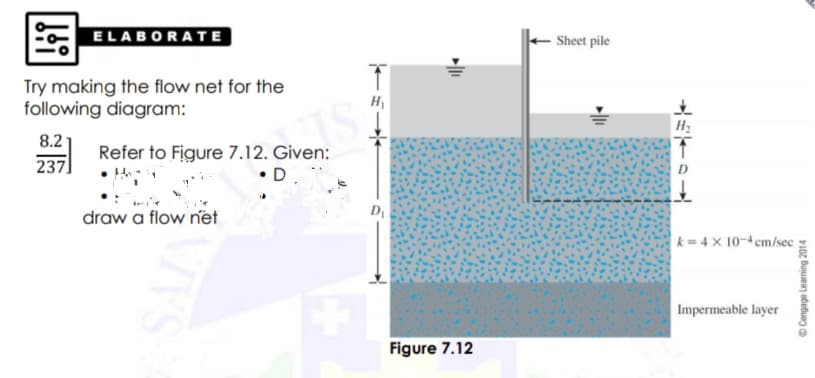 ELABORATE
Sheet pile
Try making the flow net for the
following diagram:
H2
8.2
Refer to Figure 7.12. Given:
237
D
•D
draw a flow net
D
k = 4 x 10-4 cm/sec
Impermeable layer
Figure 7.12
O Cengage Learning 2014
