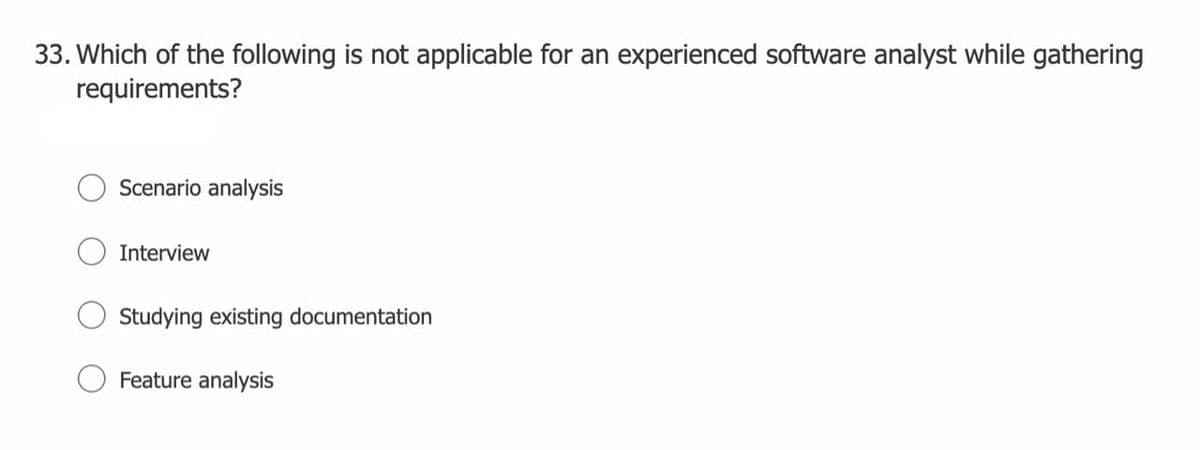 33. Which of the following is not applicable for an experienced software analyst while gathering
requirements?
Scenario analysis
Interview
Studying existing documentation
Feature analysis
