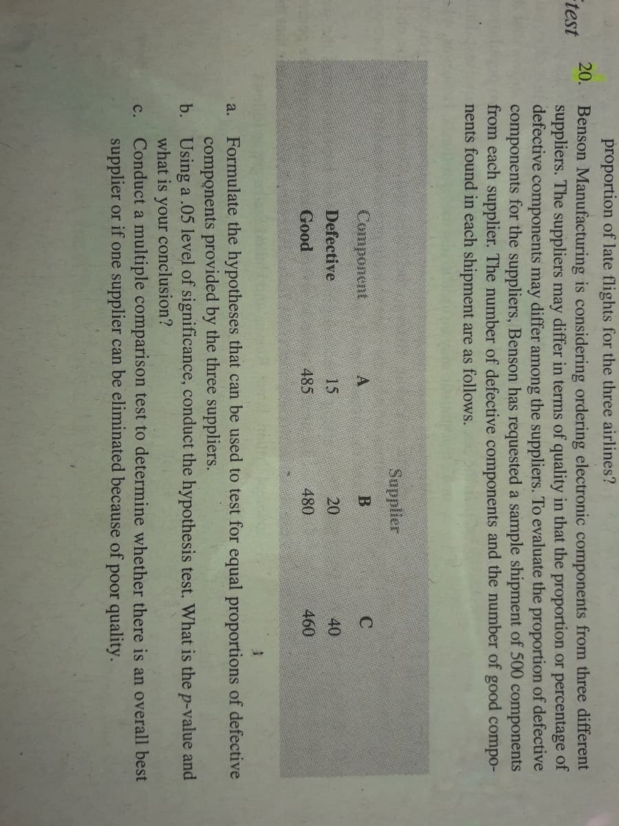 proportion of late flights for the three airlines?
20.
Benson Manufacturing is considering ordering electronic components from three different
suppliers. The suppliers may differ in terms of quality in that the proportion or percentage of
defective components may differ among the suppliers. To evaluate the proportion of defective
components for the suppliers, Benson has requested a sample shipment of 500 components
from each supplier. The number of defective components and the number of good comp0-
nents found in each shipment are as follows.
Ftest
Supplier
Component
A
B.
C.
Defective
15
20
40
Good
485
480
460
a.
Formulate the hypotheses that can be used to test for equal proportions of defective
components provided by the three suppliers.
b. Using a .05 level of significance, conduct the hypothesis test. What is the p-value and
what is your conclusion?
Conduct a multiple comparison test to determine whether there is an overall best
supplier or if one supplier can be eliminated because of
с.
poor quality.
