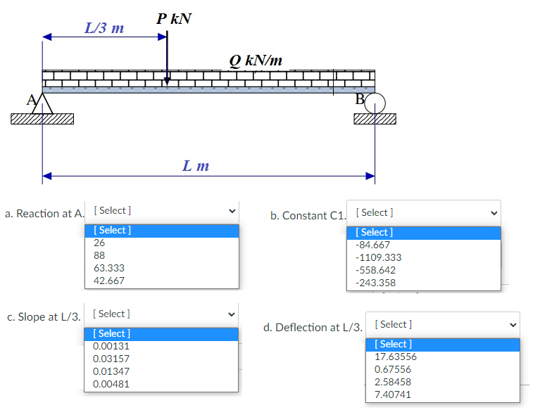 L/3 m
a. Reaction at A.
[Select]
[Select]
26
88
63.333
42.667
c. Slope at L/3. [Select]
[Select]
0.00131
0.03157
0.01347
0.00481
PKN
Lm
Q kN/m
TEH
b. Constant C1. [Select]
[Select]
-84.667
-1109.333
-558.642
-243.358
d. Deflection at L/3. [Select]
[Select]
17.63556
0.67556
2.58458
7.40741
>
<