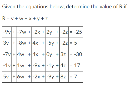 Given the equations below, determine the value of R if
R=v+w+x+y+z
-9v+-7w+-2x
3v +-8w + 4x
-7v+4w + 4x + Oy + 3z
+ 2y +-2z = -25
+-5y + -2z = 5
-1v+1w +-9x + -1y + 4z
5v +6w +-2x + -9y + 8z
= -30
= 17
= 7