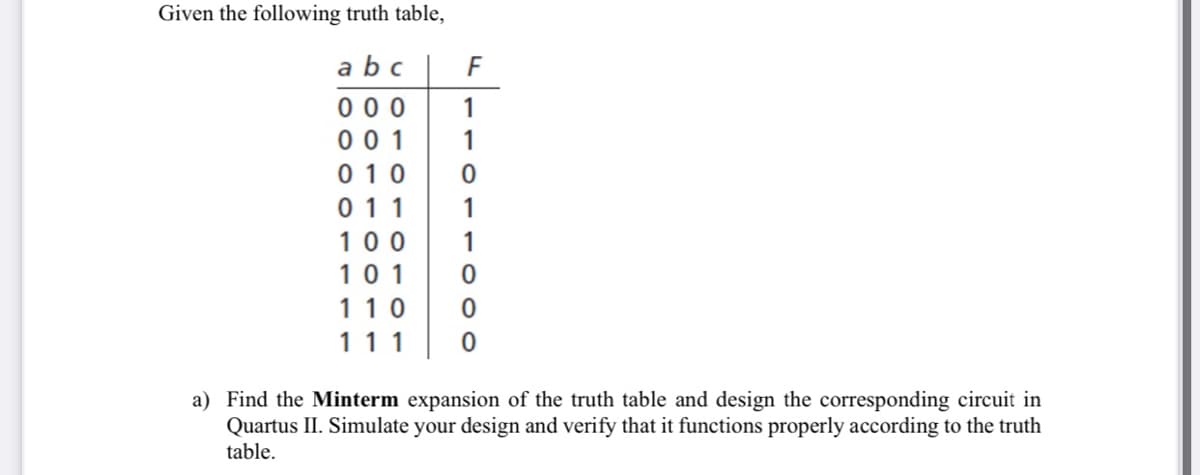 Given the following truth table,
abc
F
000 1
001
010 0
011
100
101
110
111
a) Find the Minterm expansion of the truth table and design the corresponding circuit in
Quartus II. Simulate your design and verify that it functions properly according to the truth
table.
