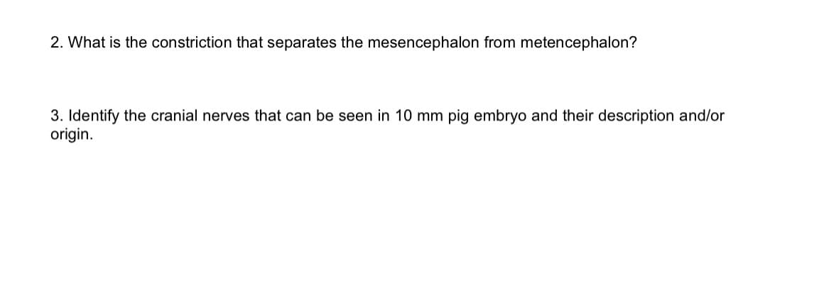 2. What is the constriction that separates the mesencephalon from metencephalon?
3. Identify the cranial nerves that can be seen in 10 mm pig embryo and their description and/or
origin.