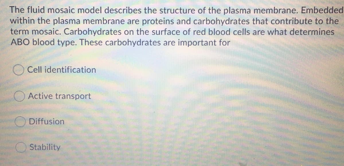 The fluid mosaic model describes the structure of the plasma membrane. Embedded
within the plasma membrane are proteins and carbohydrates that contribute to the
term mosaic. Carbohydrates on the surface of red blood cells are what determines
ABO blood type. These carbohydrates are important for
Cell identification
Active transport
Diffusion
Stability
