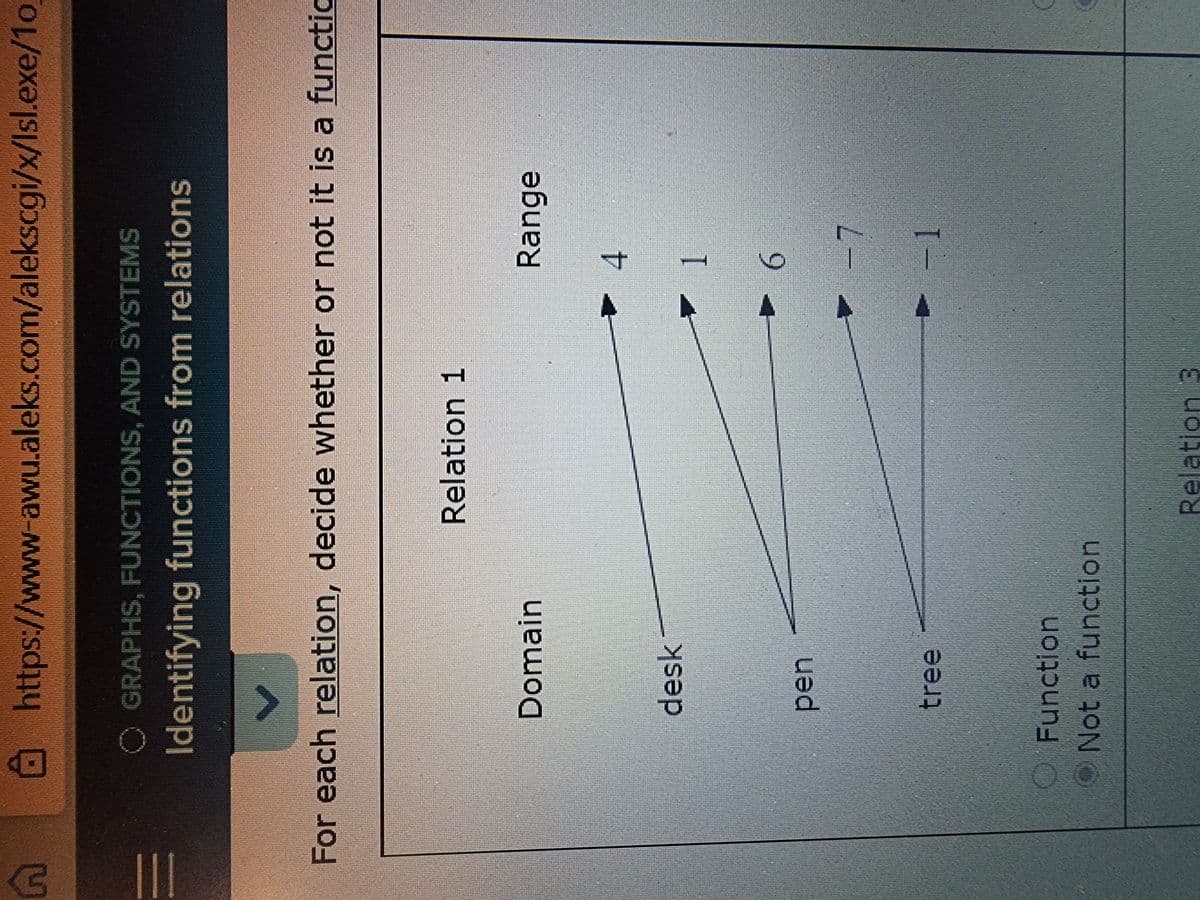 @https://www-awu.aleks.com/alekscgi/x/Isl.exe/1o
OGRAPHS, FUNCTIONS, AND SYSTEMS
Identifying functions from relations
For each relation, decide whether or not it is a functic
Relation 1
Domain
Range
4.
desk
1.
pen
6.
7.
tree
-1
OFunction
ONot a function
Relation 3
