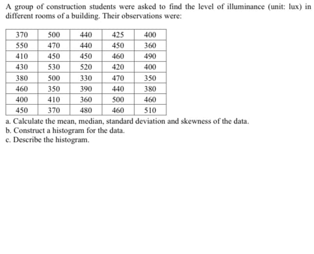 A group of construction students were asked to find the level of illuminance (unit: lux) in
different rooms of a building. Their observations were:
370
500
440
425
400
550
470
440
450
360
410
450
450
460
490
430
530
520
420
400
380
500
330
470
350
460
350
390
440
380
400
410
360
500
460
450
370
480
460
510
a. Calculate the mean, median, standard deviation and skewness of the data.
b. Construct a histogram for the data.
c. Describe the histogram.
