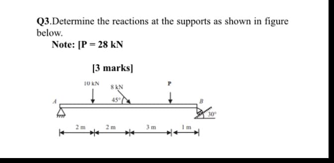 Q3.Determine the reactions at the supports as shown in figure
below.
Note: [P = 28 kN
[3 marks]
10 kN
8 kN
45
30
2 m
2 m
3 m
