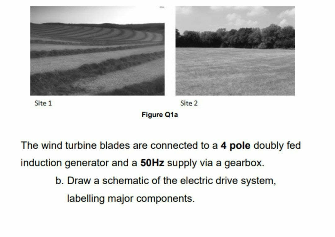 Site 1
Site 2
Figure Q1a
The wind turbine blades are connected to a 4 pole doubly fed
induction generator and a 50HZ supply via a gearbox.
b. Draw a schematic of the electric drive system,
labelling major components.
