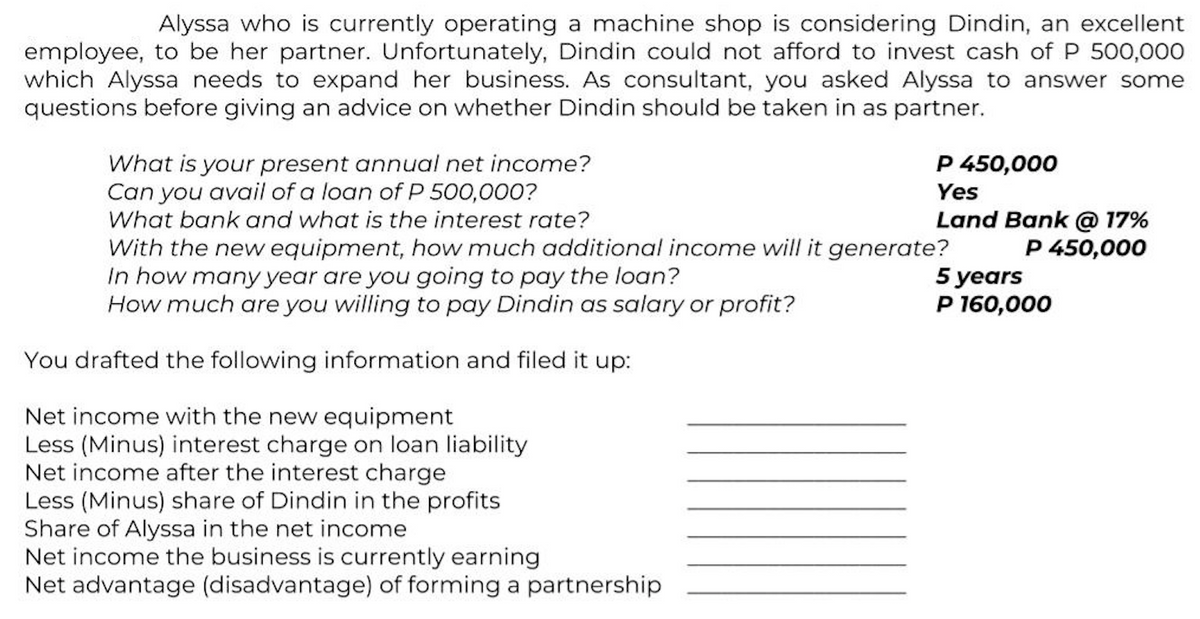 Alyssa who is currently operating a machine shop is considering Dindin, an excellent
employee, to be her partner. Unfortunately, Dindin could not afford to invest cash of P 500,000
which Alyssa needs to expand her business. As consultant, you asked Alyssa to answer some
questions before giving an advice on whether Dindin should be taken in as partner.
What is your present annual net income?
Can you avail of a loan of P 500,000?
P 450,000
Yes
Land Bank @ 17%
P 450,000
What bank and what is the interest rate?
With the new equipment, how much additional income will it generate?
In how many year are you going to pay the loan?
How much are you willing to pay Dindin as salary or profit?
5 years
P 160,000
You drafted the following informatic
and filed it up:
Net income with the new equipment
Less (Minus) interest charge on loan liability
Net income after the interest charge
Less (Minus) share of Dindin in the profits
Share of Alyssa in the net income
Net income the business is currently earning
Net advantage (disadvantage) of forming a partnership

