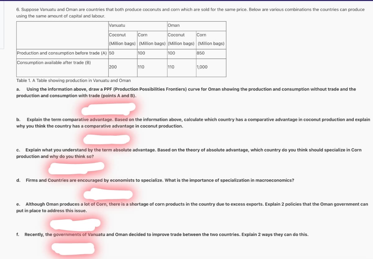 6. Suppose Vanuatu and Oman are countries that both produce coconuts and corn which are sold for the same price. Below are various combinations the countries can produce
using the same amount of capital and labour.
Vanuatu
Coconut
(Million bags)
Production and consumption before trade (A) 50
Consumption available after trade (B)
200
Oman
Coconut
Corn
Corn
(Million bags) (Million bags) (Million bags)
100
850
d.
100
110
110
1,000
Table 1. A Table showing production in Vanuatu and Oman
a. Using the information above, draw a PPF (Production Possibilities Frontiers) curve for Oman showing the production and consumption without trade and the
production and consumption with trade (points A and B).
b. Explain the term comparative advantage. Based on the information above, calculate which country has a comparative advantage in coconut production and explain
why you think the country has a comparative advantage in coconut production.
c. Explain what you understand by the term absolute advantage. Based on the theory of absolute advantage, which country do you think should specialize in Corn
production and why do you think so?
Firms and Countries are encouraged by economists to specialize. What is the importance of specialization in macroeconomics?
e. Although Oman produces a lot of Corn, there is a shortage of corn products in the country due to excess exports. Explain 2 policies that the Oman government can
put in place to address this issue.
f. Recently, the governments of Vanuatu and Oman decided to improve trade between the two countries. Explain 2 ways they can do this.