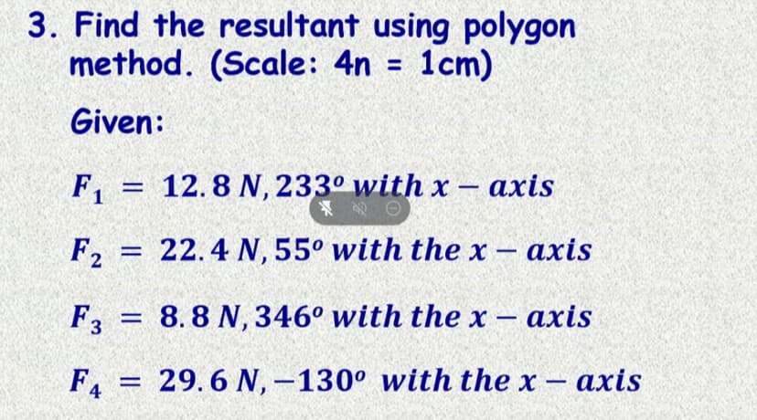 3. Find the resultant using polygon
method. (Scale: 4n = 1cm)
Given:
F, = 12.8 N, 233° with x – axis
F2 =
= 22.4 N, 55° with the x – axis
F = 8.8 N, 346° with the x – axis
%3D
|
F = 29.6 N, -130° with the x – axis
