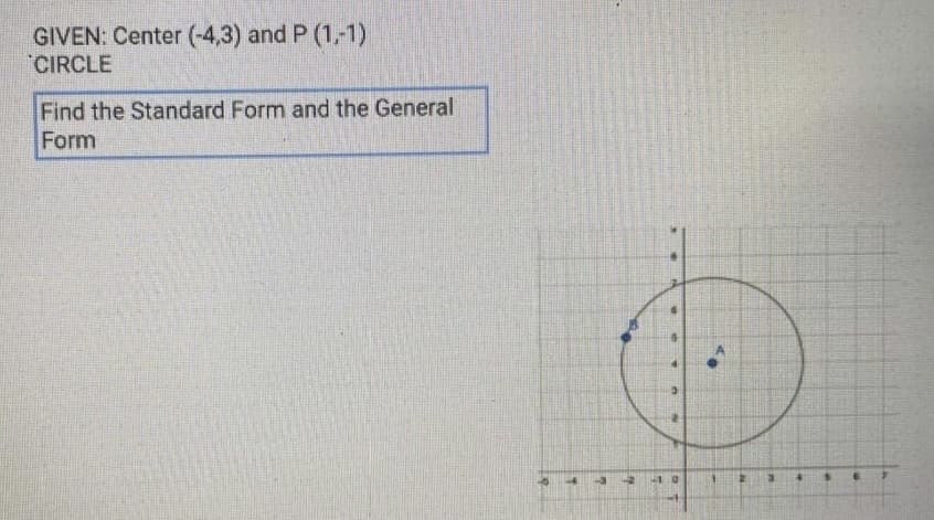 GIVEN: Center (-4,3) and P (1,-1)
CIRCLE
Find the Standard Form and the General
Form
