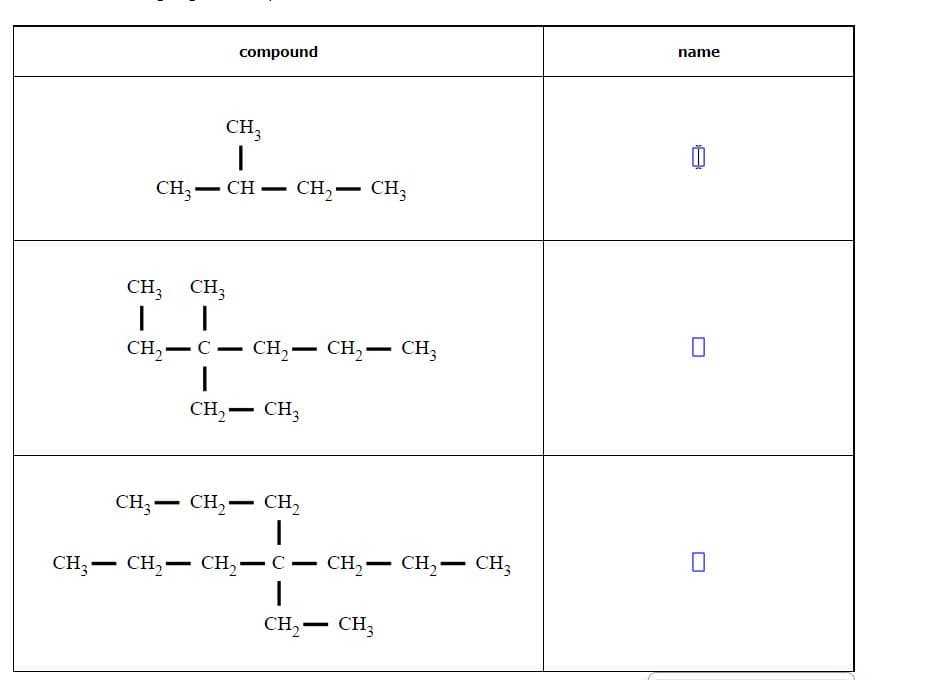 compound
name
CH;
CH3
CH3
CH
CH, -
-
CH3 CH;
CH, — С — сн, — сн, —
CH3
|
CH,- CH3
CH; -
CH,- CH,
CH, — сн, — сн, — с —
CH,- CH, - CH,
CH, -
