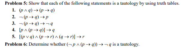 Problem 5: Show that each of the following statements is a tautology by using truth tables.
1. (рлд) -> (р—)
2. - (p→ q) →p
3. — (р —9) —> -9
4. [p ^ (p → q)]→ q
5. [(p v q) ^ (p →r) ^ (q → r)] →r
Problem 6: Determine whether (¬p^ (p → q)) →¬ q is a tautology.
