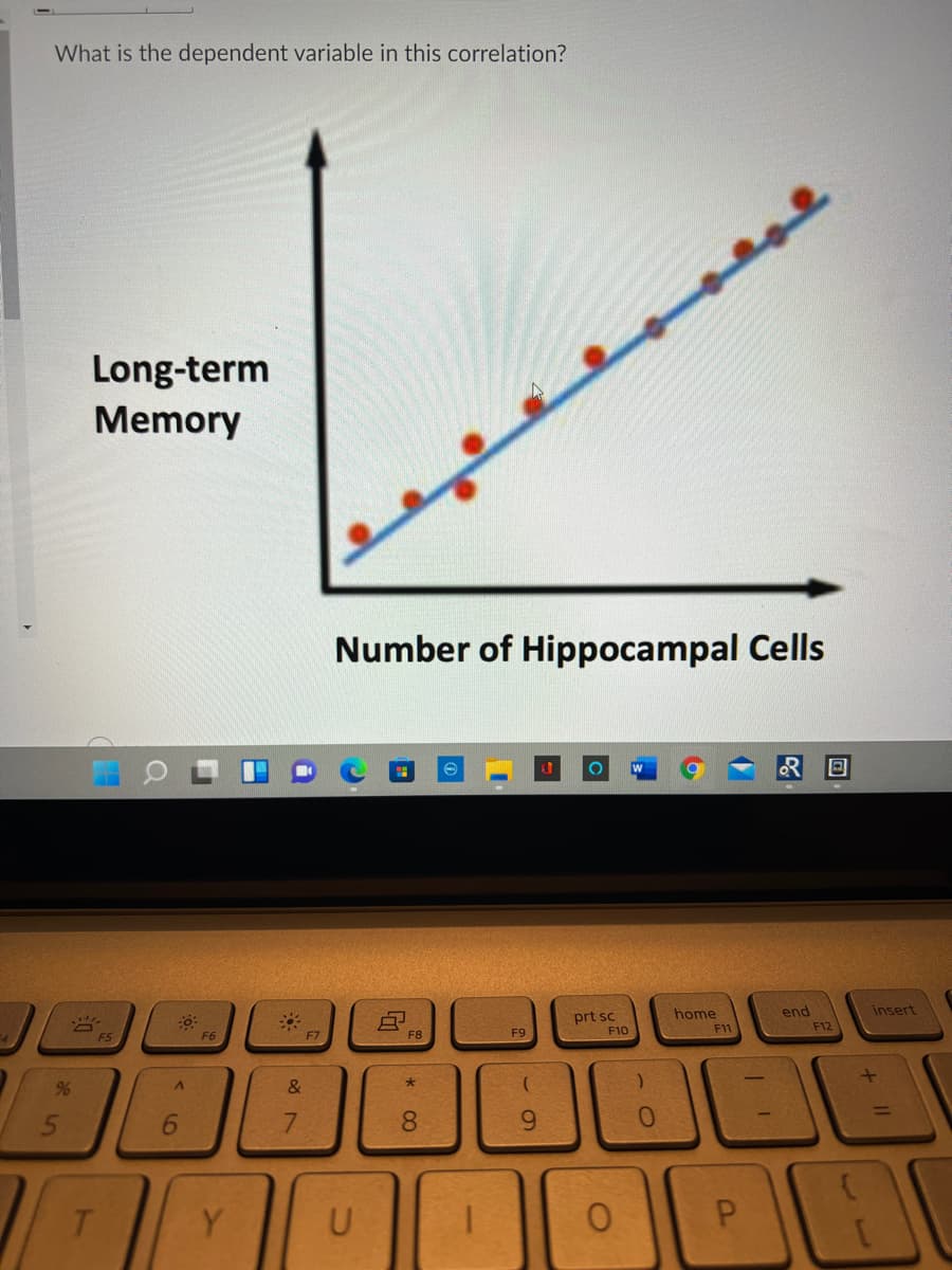 What is the dependent variable in this correlation?
Long-term
Memory
Number of Hippocampal Cells
insert
prt sc
F10
home
F11
end
F12
F5
F6
F7
F8
F9
&
6.
8.
9.
0.
Y.
* CO
