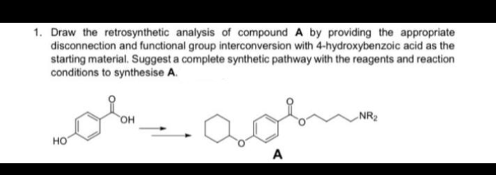 1. Draw the retrosynthetic analysis of compound A by providing the appropriate
disconnection and functional group interconversion with 4-hydroxybenzoic acid as the
starting material. Suggest a complete synthetic pathway with the reagents and reaction
conditions to synthesise A.
он
NR2
HO
A
