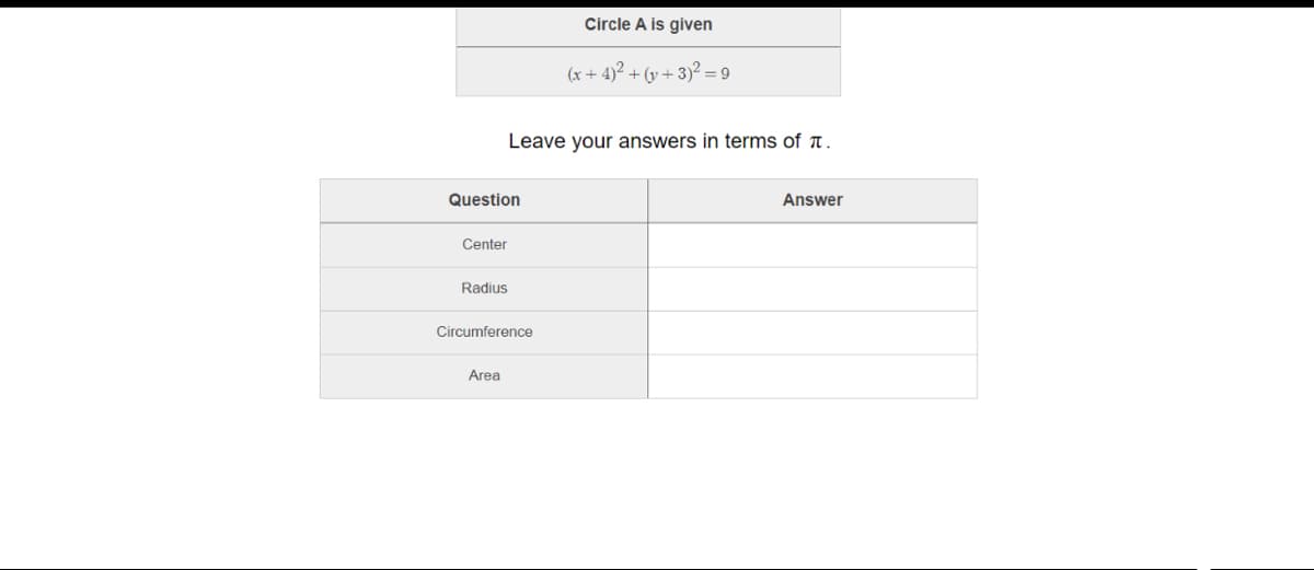 Circle A is given
(x+ 4)² + (y + 3)² = 9
Leave your answers in terms of t.
Question
Answer
Center
Radius
Circumference
Area
