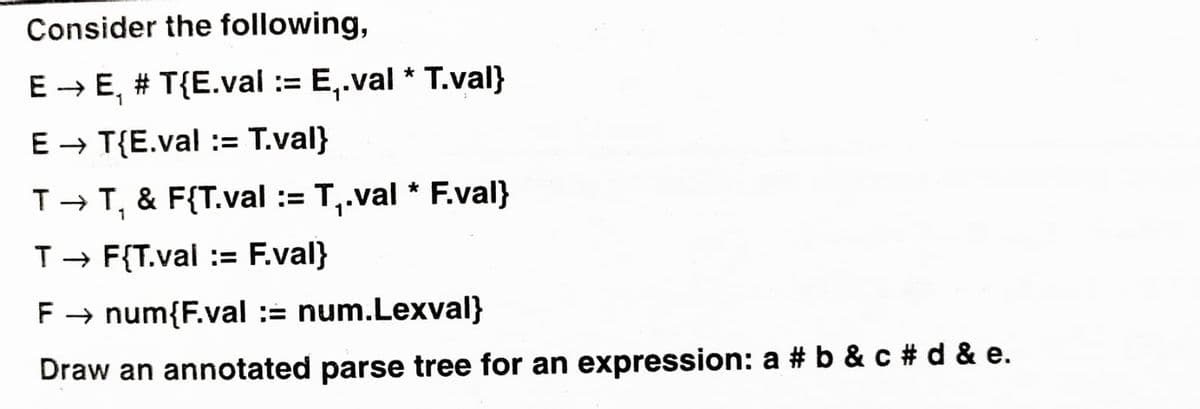 Consider the following,
E → E, # T{E.val := E,.val * T.val}
1
E → T{E.val := T.val}
T- T, & F{T.val := T,.val * F.val}
1
T- F{T.val := F.val}
F → num{F.val := num.Lexval}
Draw an annotated parse tree for an expression: a # b & c # d & e.
