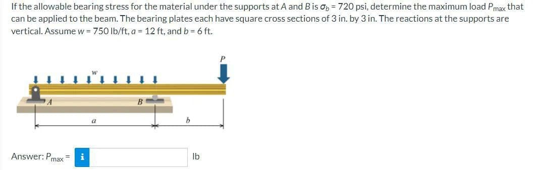 If the allowable bearing stress for the material under the supports at A and B is ob = 720 psi, determine the maximum load Pmax that
can be applied to the beam. The bearing plates each have square cross sections of 3 in. by 3 in. The reactions at the supports are
vertical. Assume w = 750 lb/ft, a = 12 ft, and b = 6 ft.
Answer: Pmax
i
b
lb
P