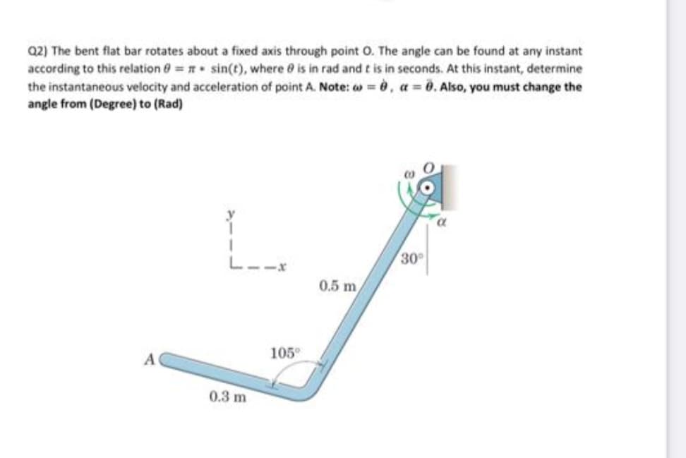 Q2) The bent flat bar rotates about a fixed axis through point O. The angle can be found at any instant
according to this relation = sin(t), where is in rad and t is in seconds. At this instant, determine
the instantaneous velocity and acceleration of point A. Note: w=0, a = 0. Also, you must change the
angle from (Degree) to (Rad)
Y
1
30°
A
L.
0.3 m
105°
0.5 m