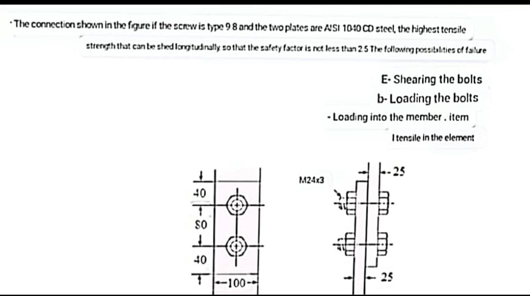• The connection shown in the figure if the screw is type 9 8 and the two plates are A'SI 1040 CD steel, the highest tensile
strength that can be shed longtunally so that the safety factor is nct less than 25 The following possiblities of failure
E- Shearing the bolts
b-Loading the bolts
• Loading into the member. item
I tensile in the element
M24x3
40
sO
40
-100-
25
