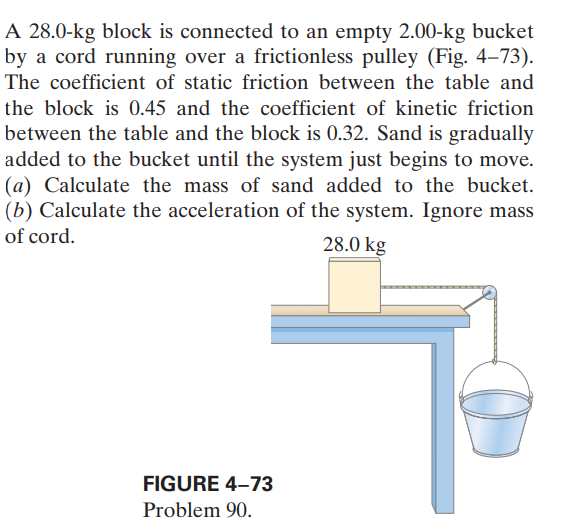 A 28.0-kg block is connected to an empty 2.00-kg bucket
by a cord running over a frictionless pulley (Fig. 4–73).
The coefficient of static friction between the table and
the block is 0.45 and the coefficient of kinetic friction
between the table and the block is 0.32. Sand is gradually
added to the bucket until the system just begins to move.
(a) Calculate the mass of sand added to the bucket.
(b) Calculate the acceleration of the system. Ignore mass
of cord.
28.0 kg
FIGURE 4–73
Problem 90.
