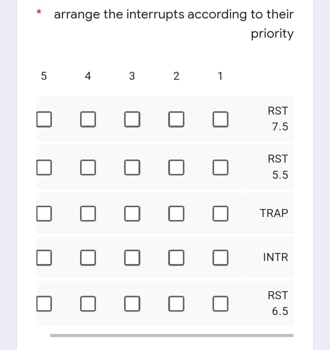 arrange the interrupts according to their
priority
5
4
3
2
1
RST
7.5
RST
5.5
TRAP
INTR
RST
6.5
