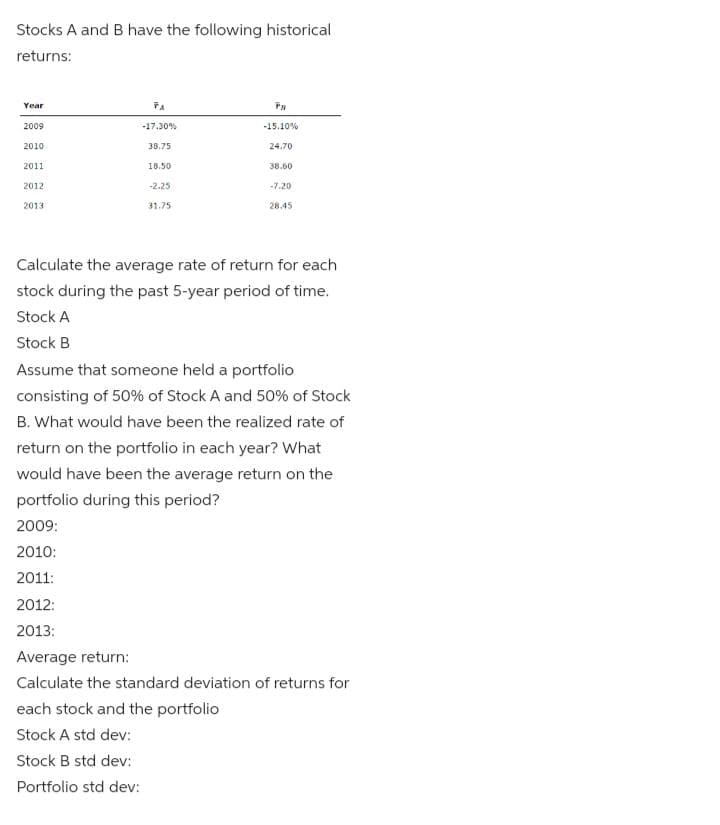 Stocks A and B have the following historical
returns:
Year
TA
2009
-17.30%
-15.10%
2010
38.75
24.70
2011
18.50
38,60
2012
-2.25
-7.20
2013
31.75
28.45
Calculate the average rate of return for each
stock during the past 5-year period of time.
Stock A
Stock B
Assume that someone held a portfolio
consisting of 50% of Stock A and 50% of Stock
B. What would have been the realized rate of
return on the portfolio in each year? What
would have been the average return on the
portfolio during this period?
2009:
2010:
2011:
2012:
2013:
Average return:
Calculate the standard deviation of returns for
each stock and the portfolio
Stock A std dev:
Stock B std dev:
Portfolio std dev:
