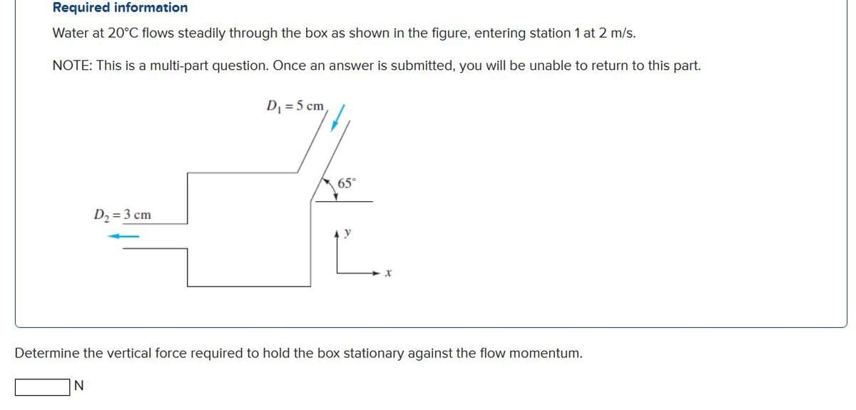 Required information
Water at 20°C flows steadily through the box as shown in the figure, entering station 1 at 2 m/s.
NOTE: This is a multi-part question. Once an answer is submitted, you will be unable to return to this part.
D =5 cm,
65
D2 = 3 cm
Ľ
y
Determine the vertical force required to hold the box stationary against the flow momentum.
