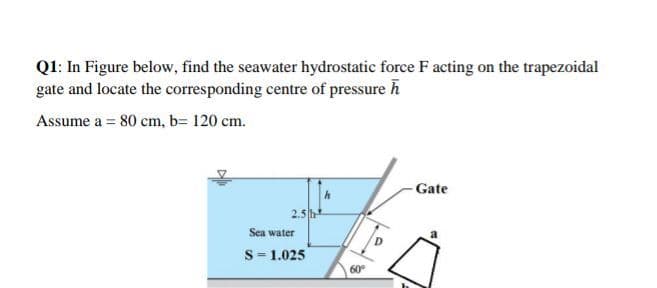 Q1: In Figure below, find the seawater hydrostatic force F acting on the trapezoidal
gate and locate the corresponding centre of pressure h
Assume a = 80 cm, b= 120 cm.
-Gate
2.5
Sea water
= 1.025
60°
