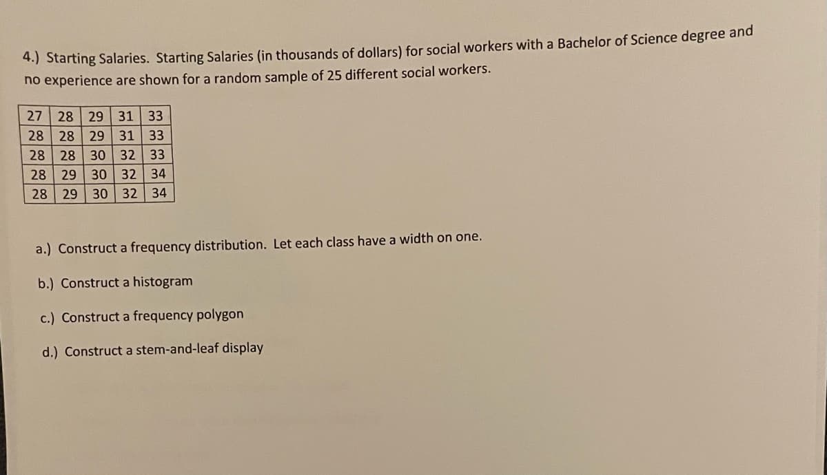 4.) Starting Salaries. Starting Salaries (in thousands of dollars) for social workers with a Bachelor of Science degree and
no experience are shown for a random sample of 25 different social workers.
27
28 29
31
33
28 28 29 31 33
30 32 33
32 34
28 28
28 29
30
28
29
30 32 34
a.) Construct a frequency distribution. Let each class have a width on one.
b.) Construct a histogram
c.) Construct a frequency polygon
d.) Construct a stem-and-leaf display
