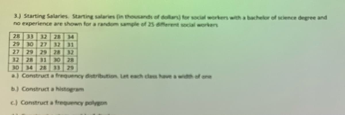 3.) Starting Salaries. Starting salaries (in thousands of dollars) for social workers with a bachelor of science degree and
no experience are shown for a random sample of 25 different social workers
28
32
34
29 30
27 32 31
27 29 29 28 32
32
30 28
30 34 28 33 29
a) Construct a frequency distribution. Let each class have a width of one
b.) Construct a histogram
c.) Construct a frequency polygon