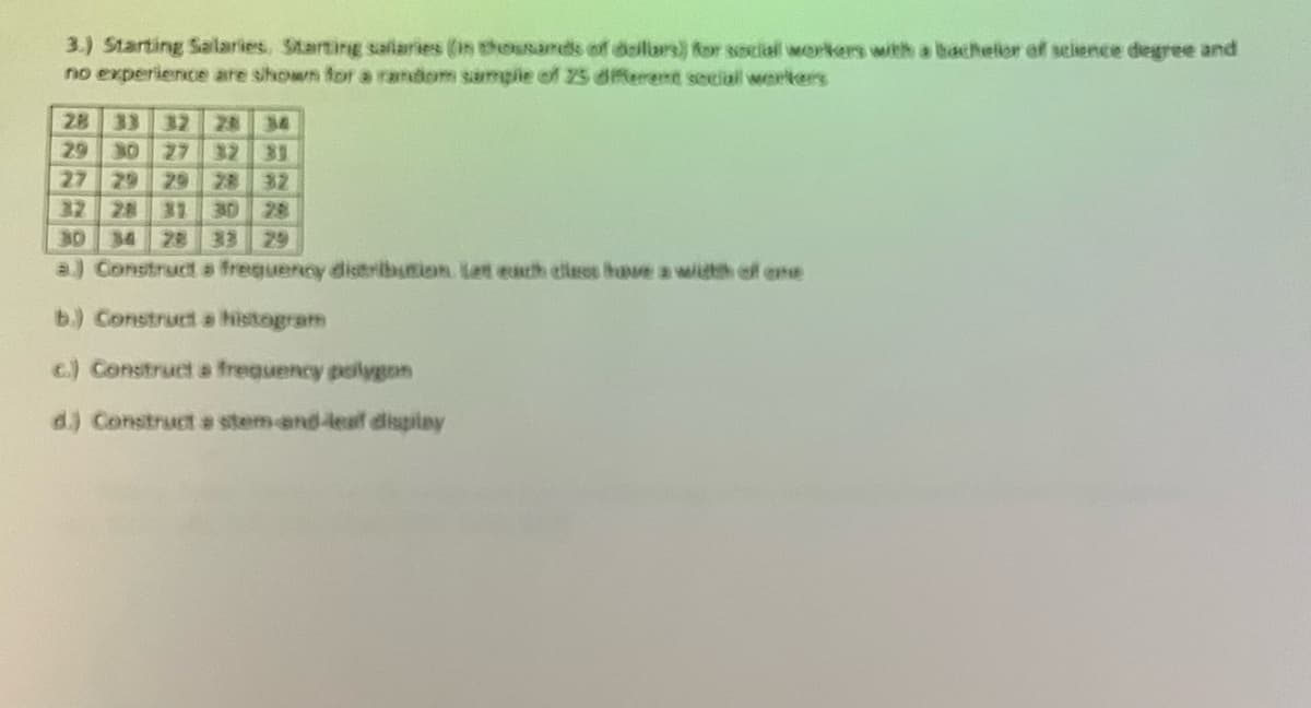 3.) Starting Salaries, Starting salaries (in thousands of dollars) for social workers with a bachelor of science degree and
no experience are shown for a random sample of 25 different social workers
28 33 32
29 30 27 32 31
27 29 29 28 32
28
30
28
30
28 33 29
a) Construct a frequency distribution. Let each class have a width of one
b.) Construct a histogram
c) Construct a frequency polygon
d.) Construct a stem and leaf display