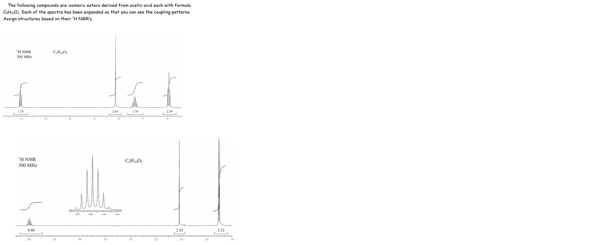 The following compounds are isomeric esters derived from acetic acid each with formula
C5H1002. Each of the spectra has been expanded so that you can see the coupling patterns.
Assign structures based on their 'H NMR's.
1Η ΝMR
C3H1,02
300 МHz
1.76
2.64
1.78
2.59
4.0
Η ΝMR
C3H1,O2
300 МHz
5.05
5.00
4,95
4.90
0.86
2.55
5.22
5.0
4.5
4.0
3.5
3.0
2.5
2.0
1.5
1.0

