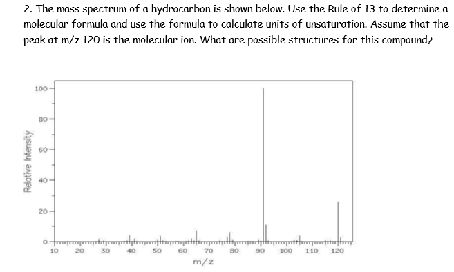 2. The mass spectrum of a hydrocarbon is shown below. Use the Rule of 13 to determine a
molecular formula and use the formula to calculate units of unsaturation. Assume that the
peak at m/z 120 is the molecular ion. What are possible structures for this compound?
100
80
60-
40
20
10
20
30
40
50
60
70
80
90
100
110
120
m/z
Relative Intensity
