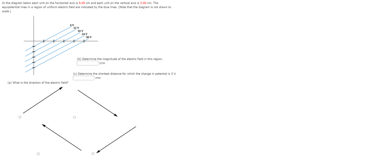 In the diagram below each unit on the horizontal axis is 5.00 cm and each unit on the vertical axis is 3.00 cm. The
equipotential lines in a region of uniform electric field are indicated by the blue lines. (Note that the diagram is not drawn to
scale.)
6 V
12 V
18 V
24 V
30 V
(b) Determine the magnitude of the electric field in this region.
V/m
(c) Determine the shortest distance for which the change in potential is 3 V.
mm
(a) What is the direction of the electric field?
