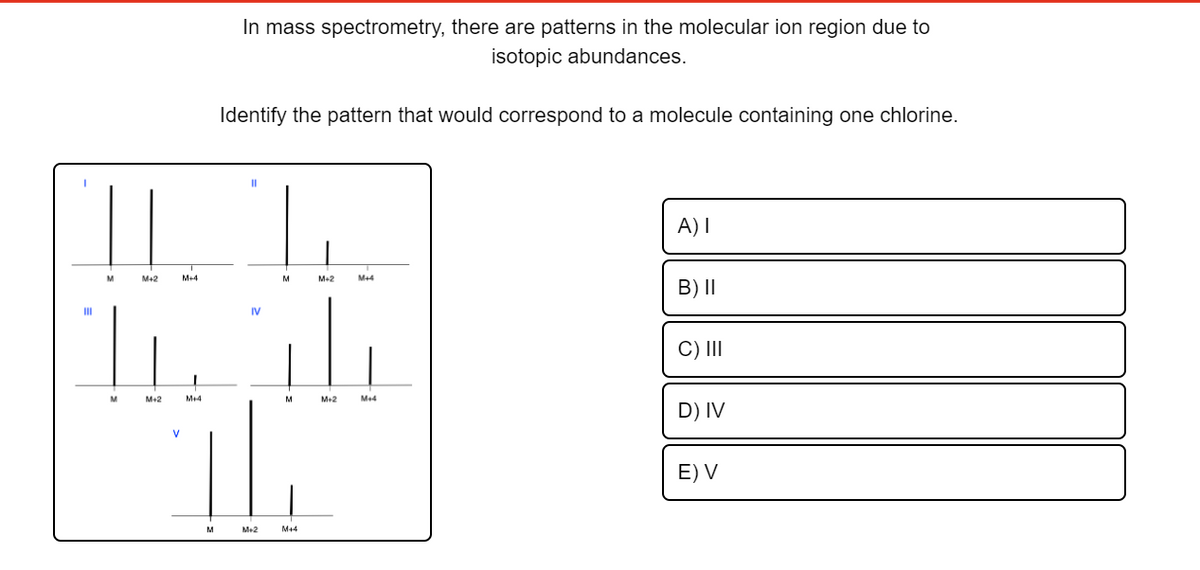 In mass spectrometry, there are patterns in the molecular ion region due to
isotopic abundances.
Identify the pattern that would correspond to a molecule containing one chlorine.
A) I
M
M+2
Me4
M
M+2
M4
B) II
II
IV
C) II
M+2
Me4
Me2
Me4
D) IV
V
E) V
Me2
M44
